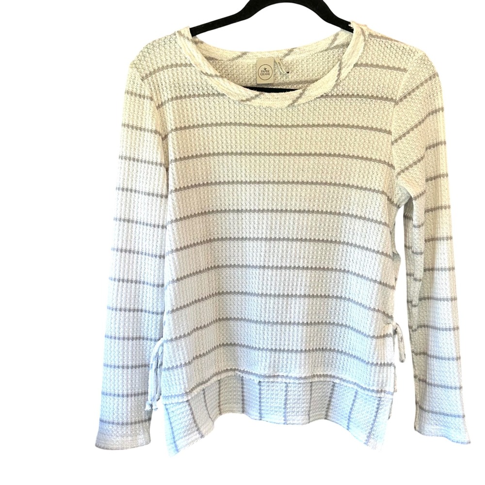 Paper Crane Womens Striped Waffle Knit Thermal Top Side Tie Cream Grey Small